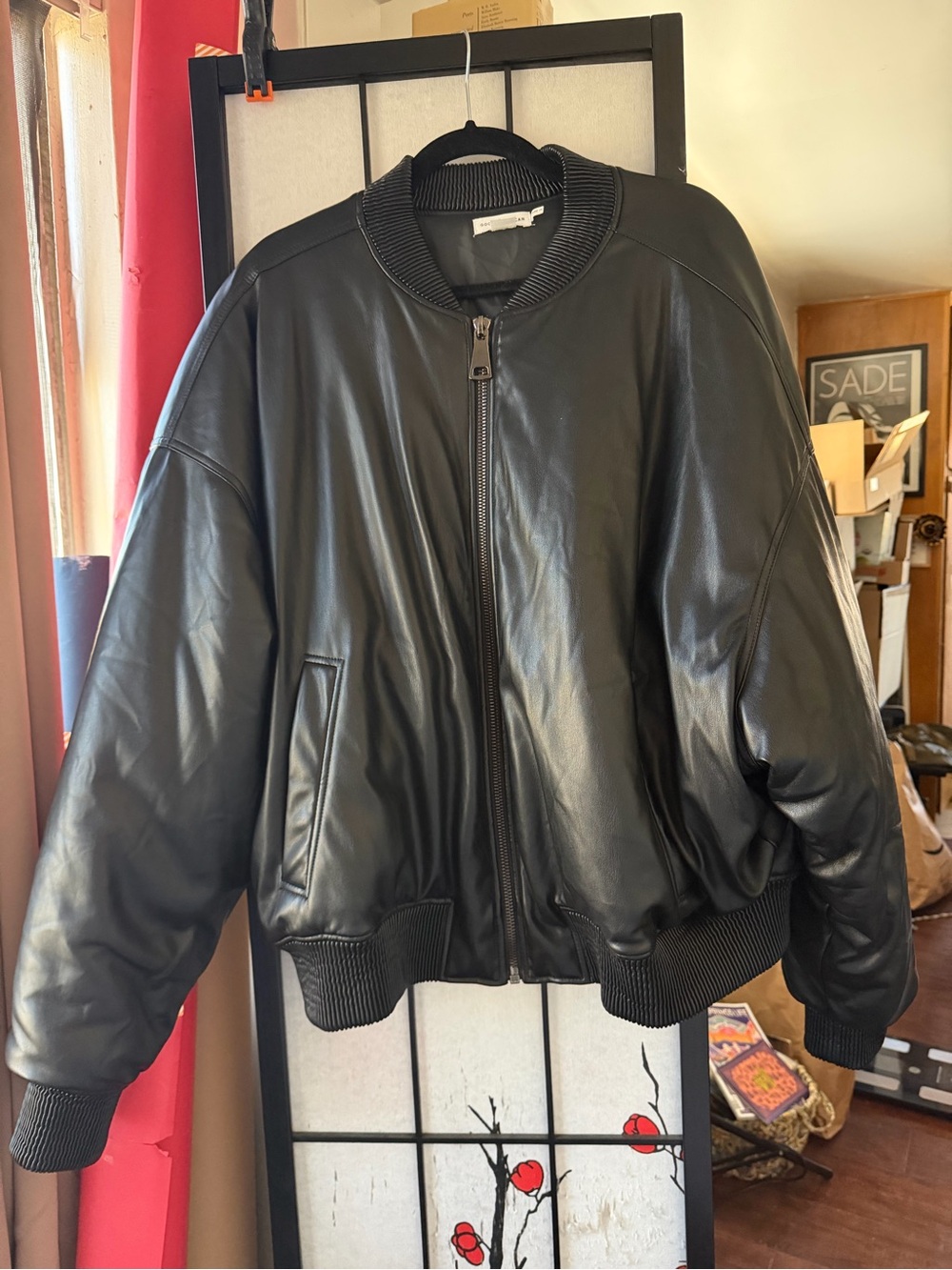 Good American Black Faux Leather Bomber